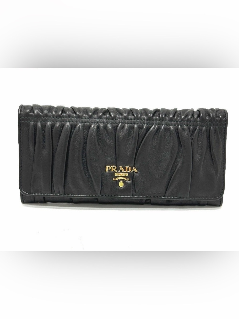 Prada Black Ruched Leather Wristlet with Gold Logo